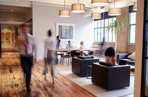 Starting business during the recession; people sitting in lobby working together